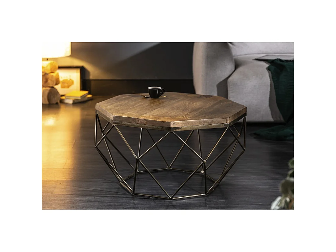 Couchtisch NEXORA 70 cm aus massivem Mangoholz und schwarzem Eisen im geometrischen Design