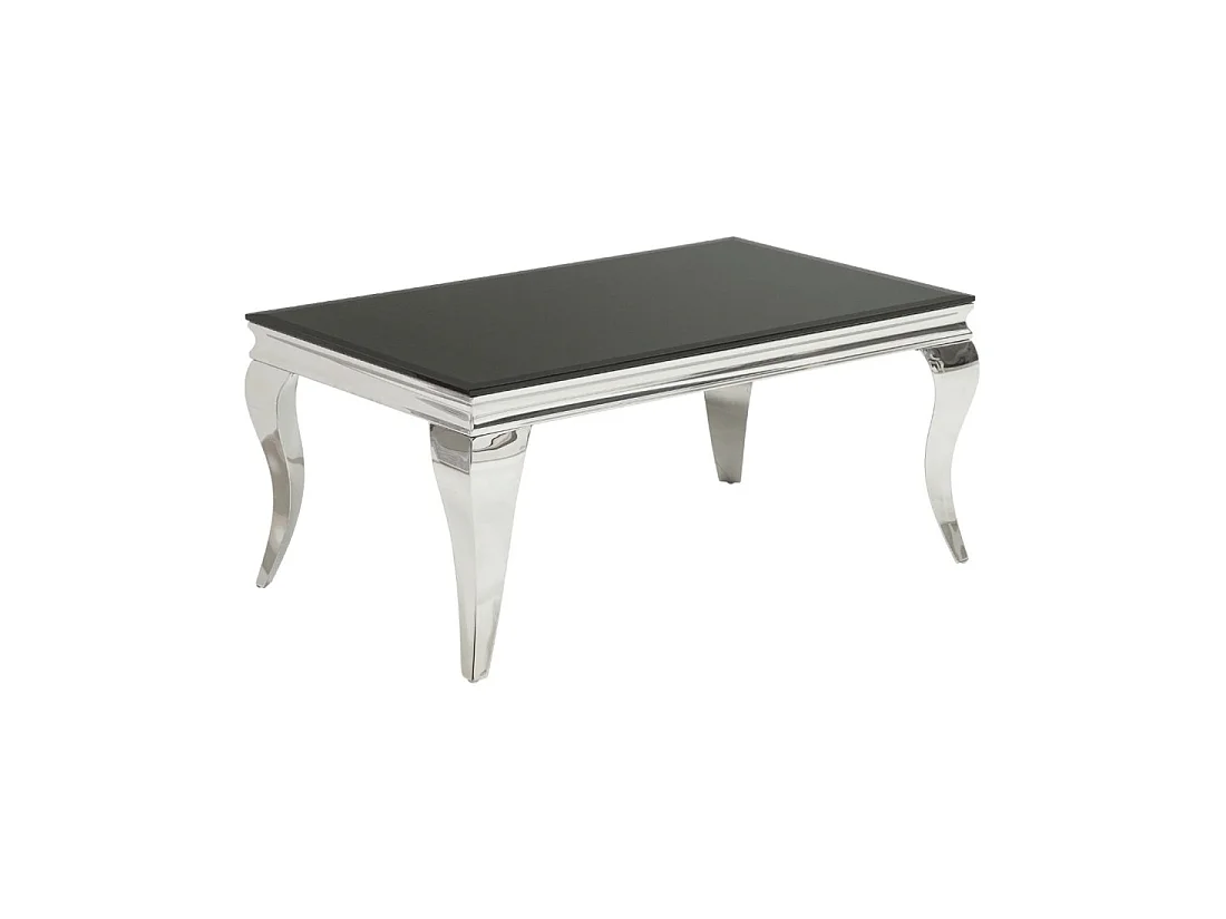 Table basse VELENA 100 cm argentée avec verre trempé noir – Pieds galbés style baroque