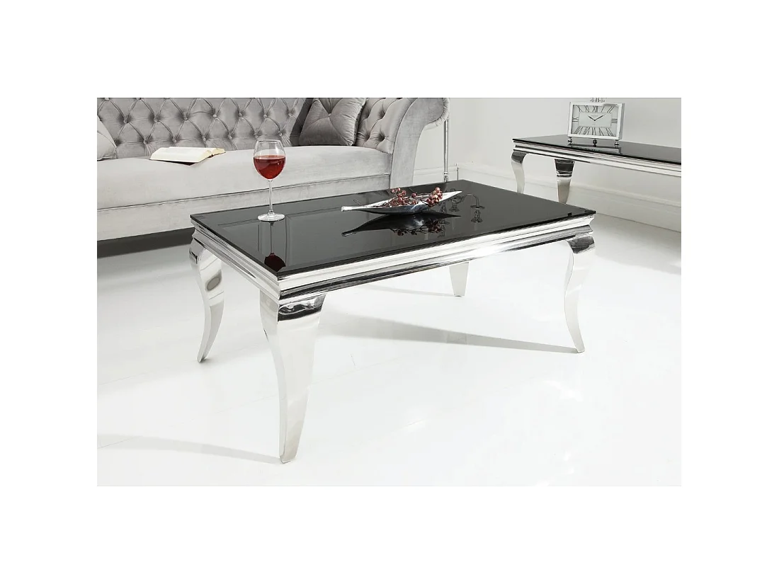 Table basse VELENA 100 cm argentée avec verre trempé noir – Pieds galbés style baroque