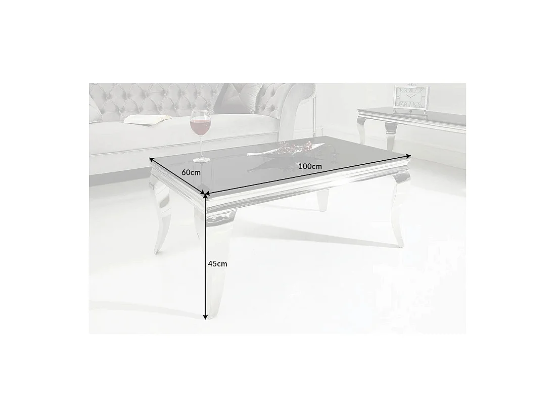 Table basse VELENA 100 cm argentée avec verre trempé noir – Pieds galbés style baroque