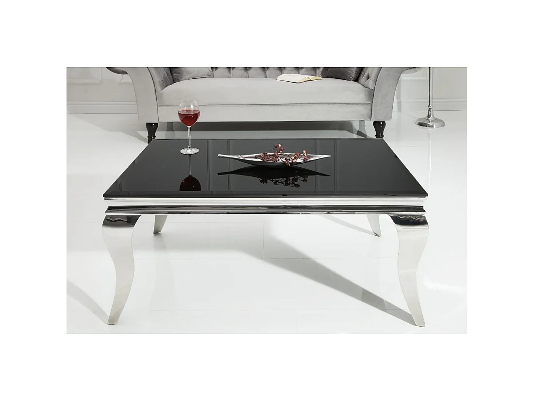 Table basse VELENA 100 cm argentée avec verre trempé noir – Pieds galbés style baroque