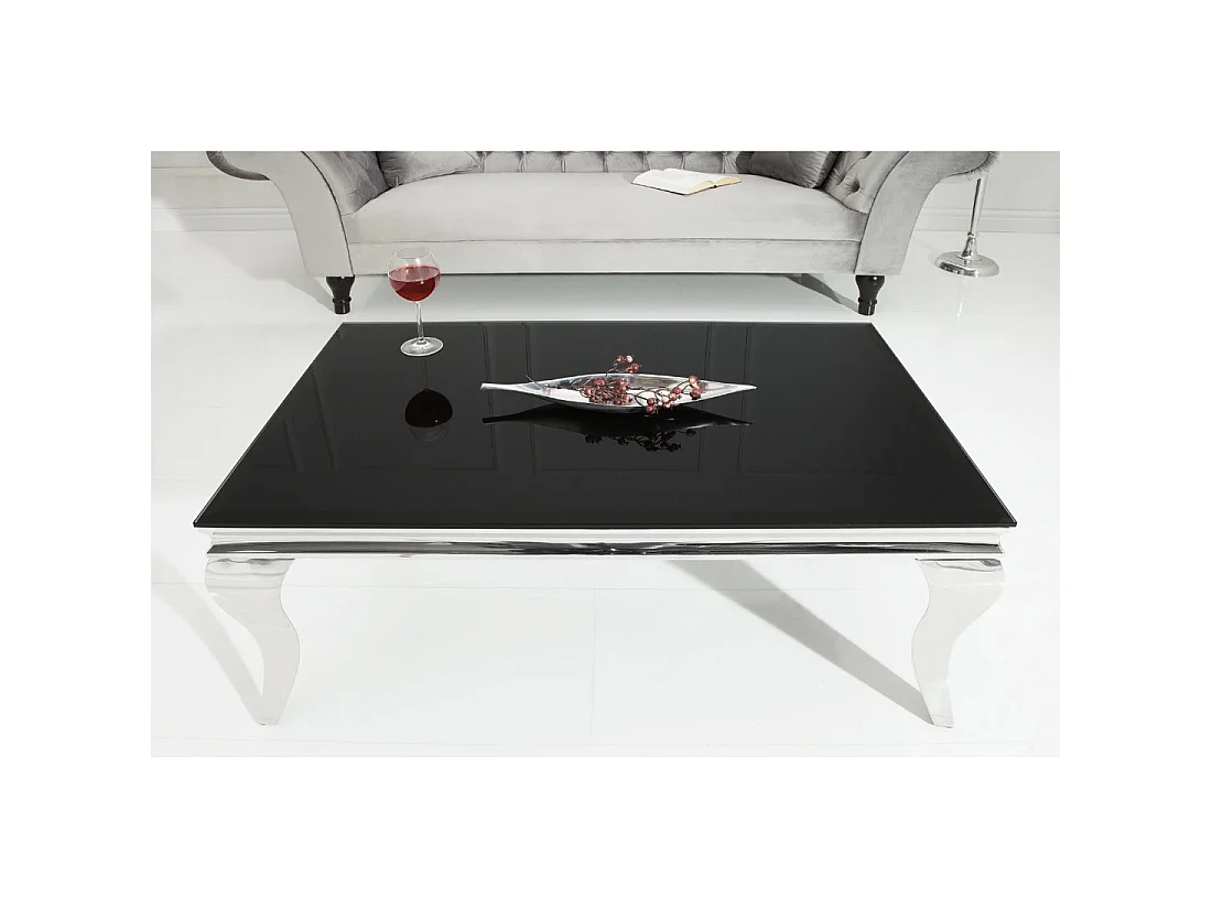 Table basse VELENA 100 cm argentée avec verre trempé noir – Pieds galbés style baroque