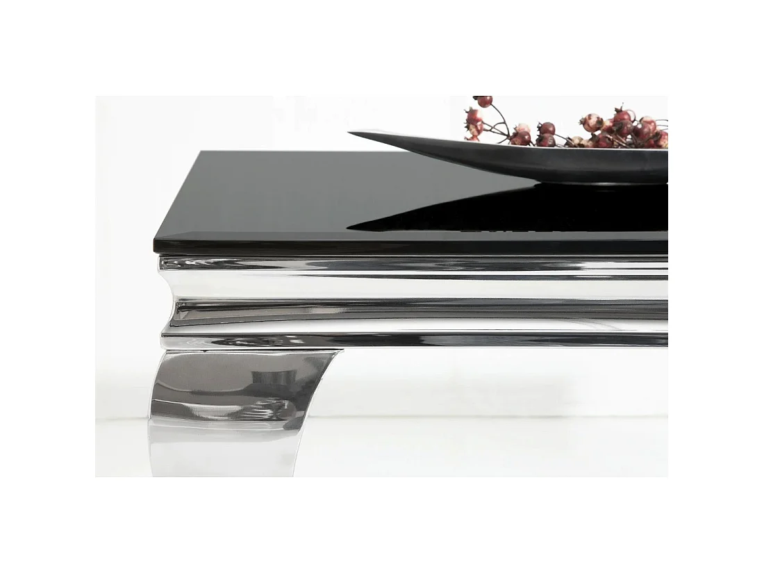 Table basse VELENA 100 cm argentée avec verre trempé noir – Pieds galbés style baroque