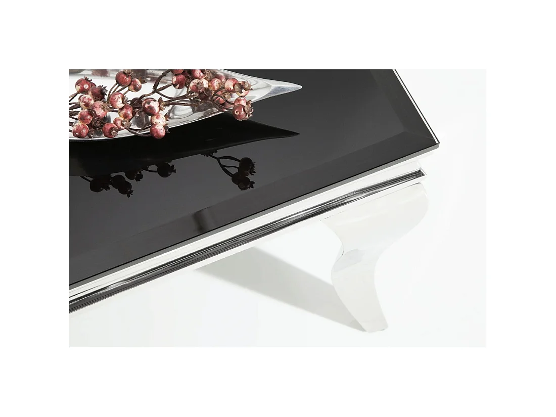 Table basse VELENA 100 cm argentée avec verre trempé noir – Pieds galbés style baroque