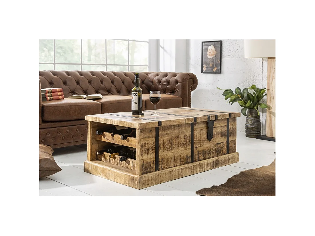 Mesa de centro cofre TRESORO 100 cm en madera de mango macizo con almacenamiento para botellas