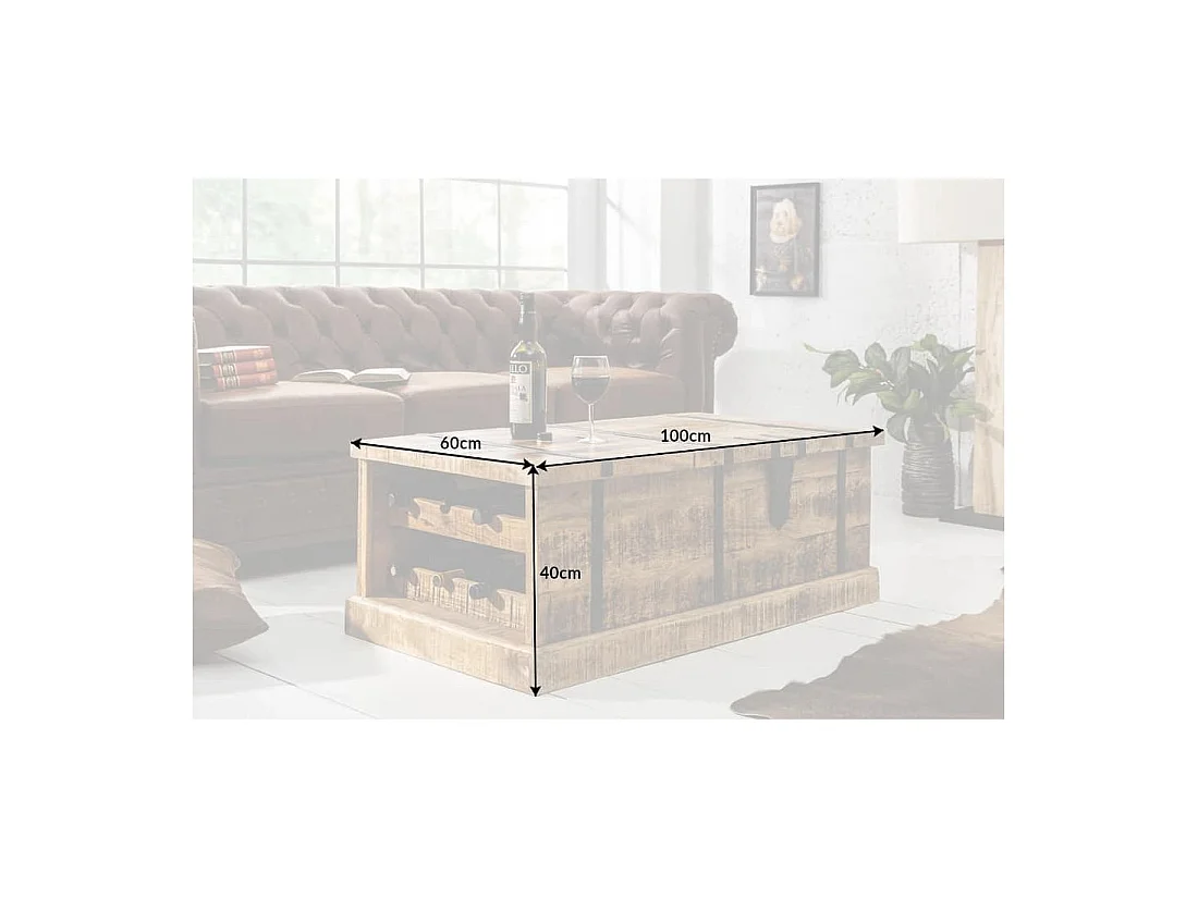 Mesa de centro cofre TRESORO 100 cm en madera de mango macizo con almacenamiento para botellas