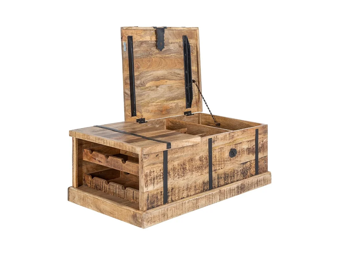 Mesa de centro cofre TRESORO 100 cm en madera de mango macizo con almacenamiento para botellas