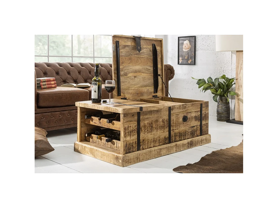 Mesa de centro cofre TRESORO 100 cm en madera de mango macizo con almacenamiento para botellas