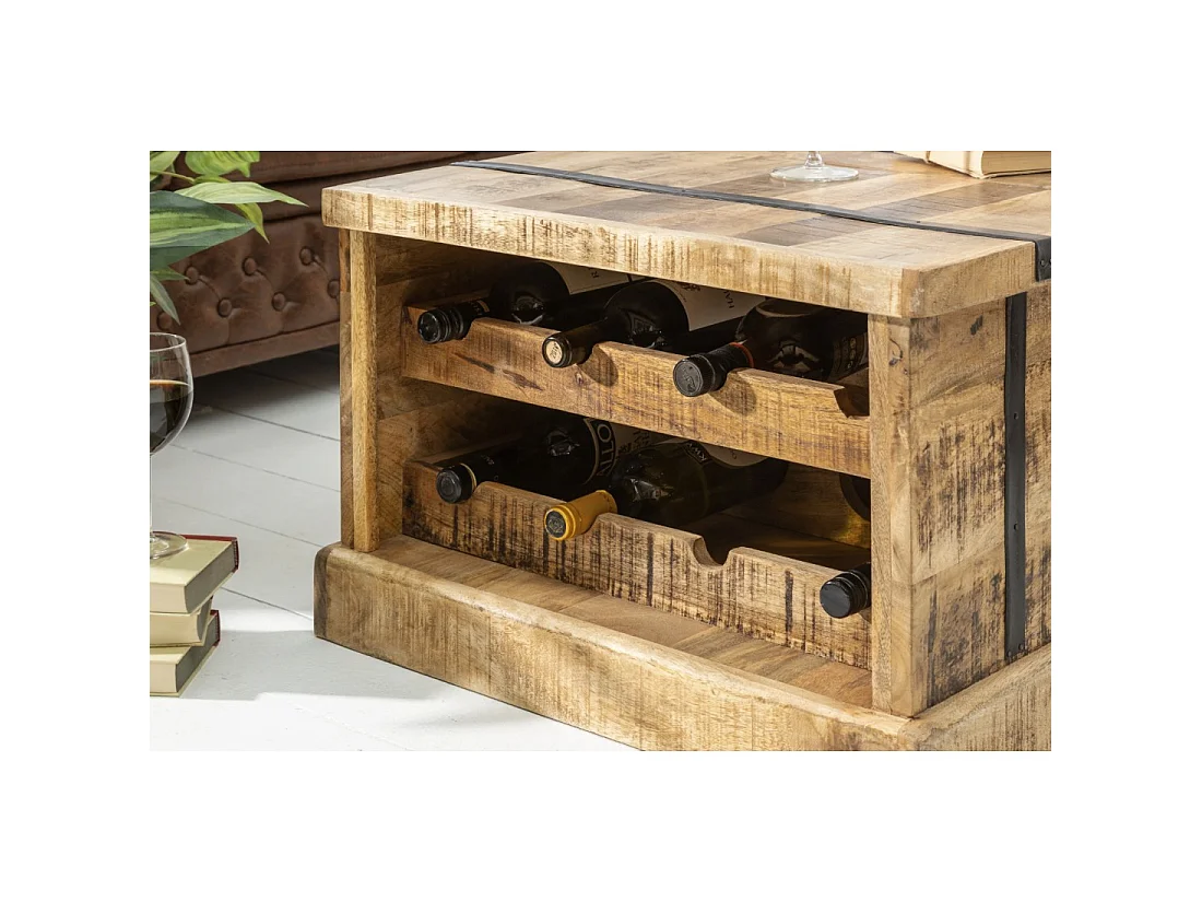 Mesa de centro cofre TRESORO 100 cm en madera de mango macizo con almacenamiento para botellas