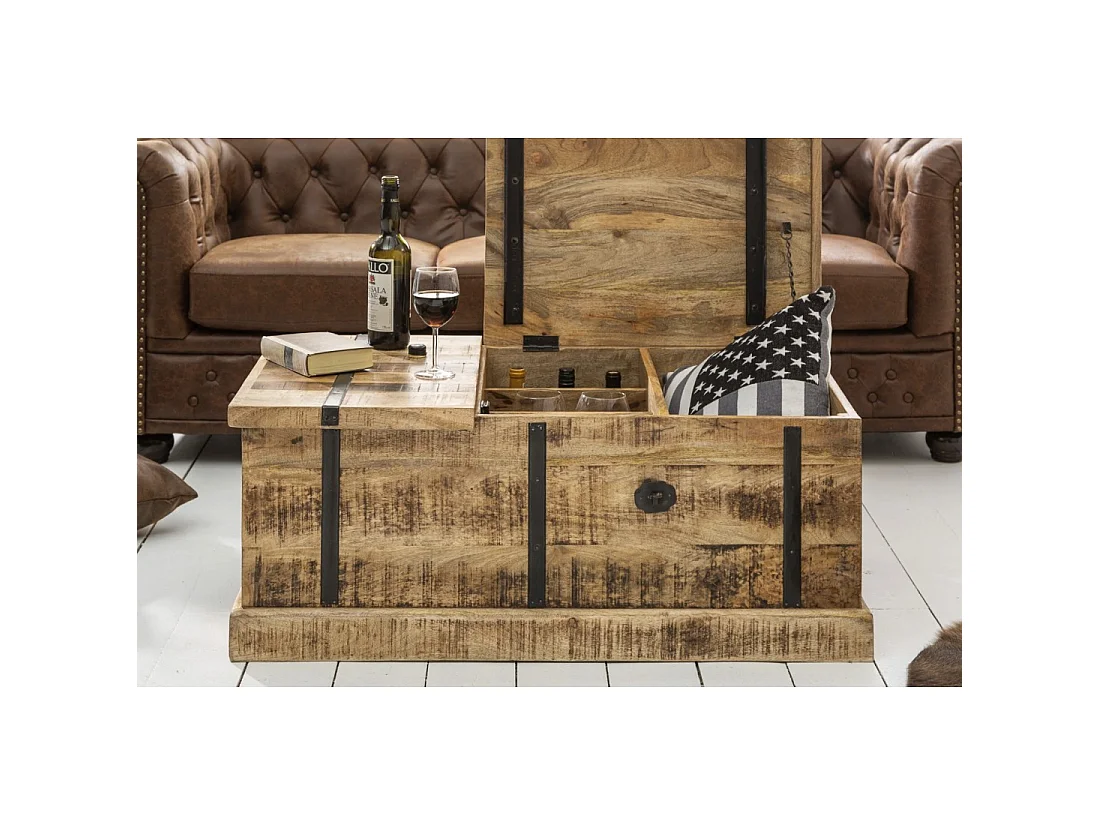 Mesa de centro cofre TRESORO 100 cm en madera de mango macizo con almacenamiento para botellas