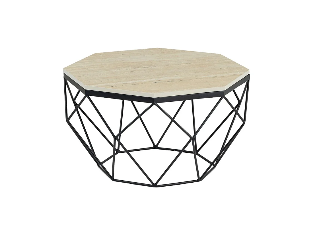 Couchtisch NEXORA 70 cm aus beigem Travertin und schwarzem Metall in geometrischem Design