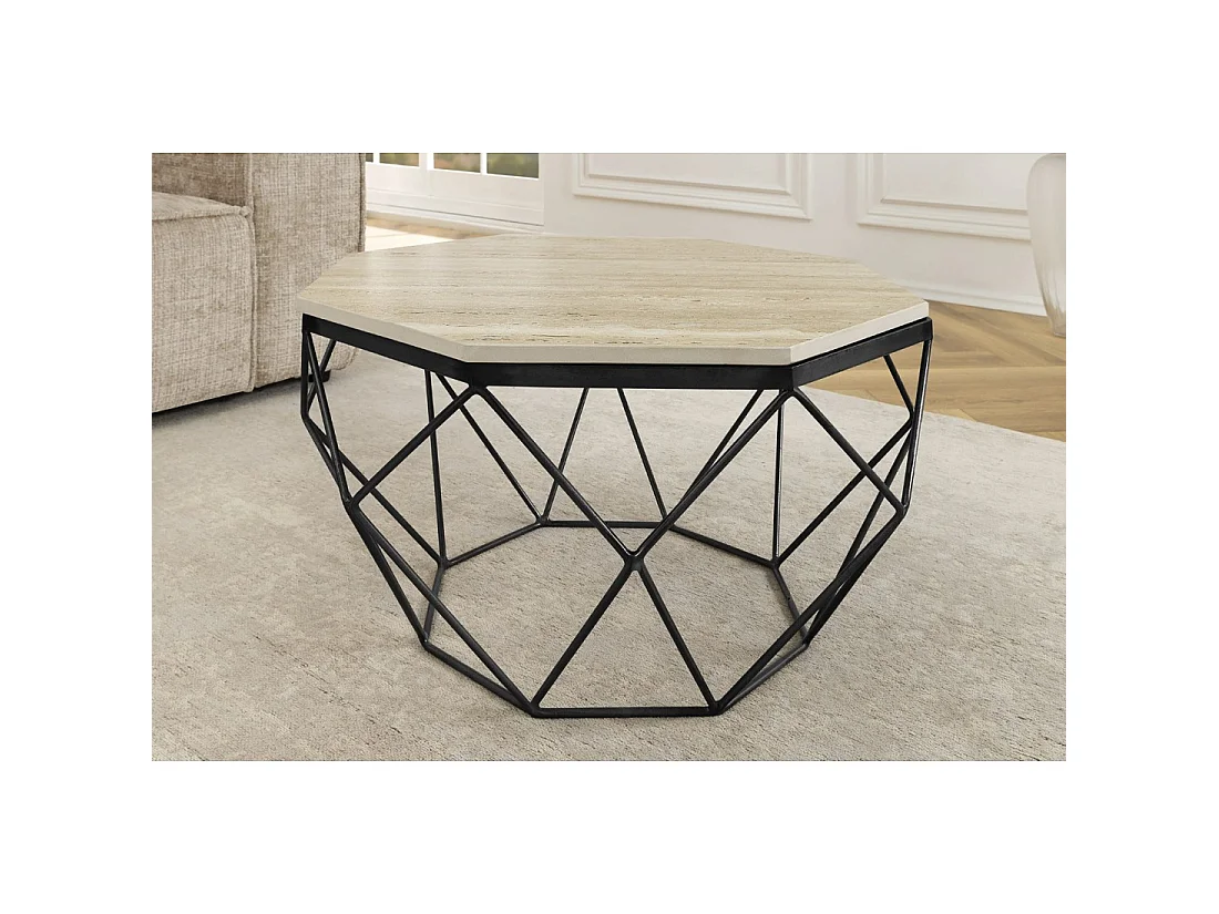 Couchtisch NEXORA 70 cm aus beigem Travertin und schwarzem Metall in geometrischem Design