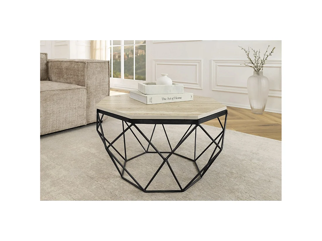 Couchtisch NEXORA 70 cm aus beigem Travertin und schwarzem Metall in geometrischem Design