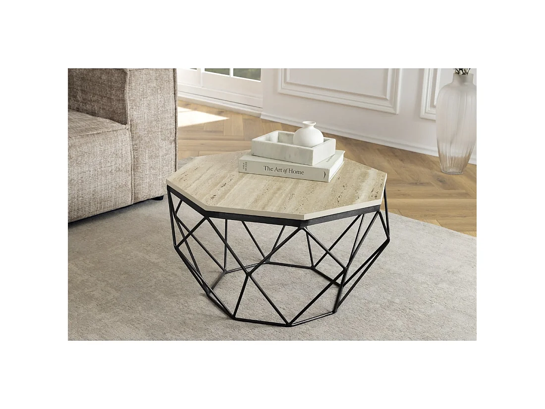 Couchtisch NEXORA 70 cm aus beigem Travertin und schwarzem Metall in geometrischem Design