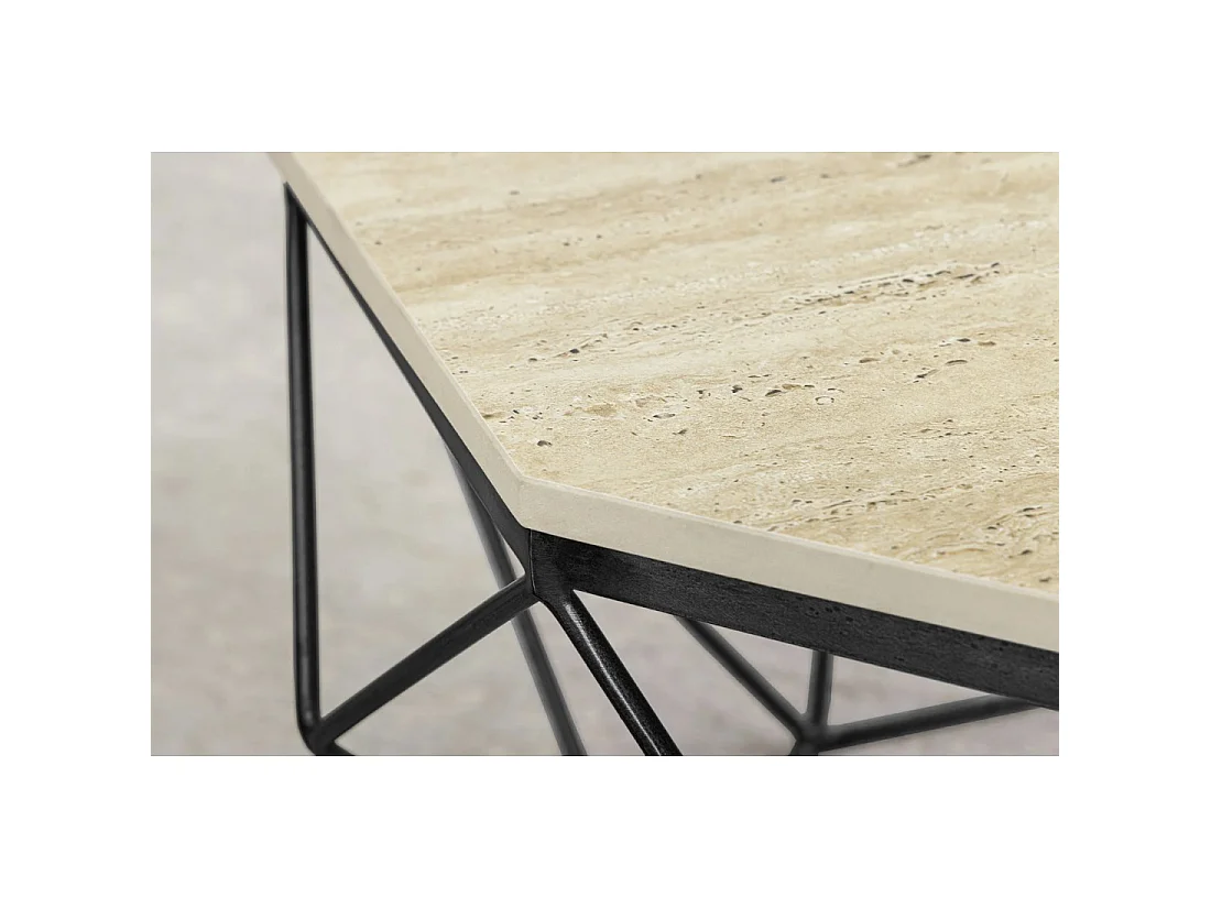 Couchtisch NEXORA 70 cm aus beigem Travertin und schwarzem Metall in geometrischem Design