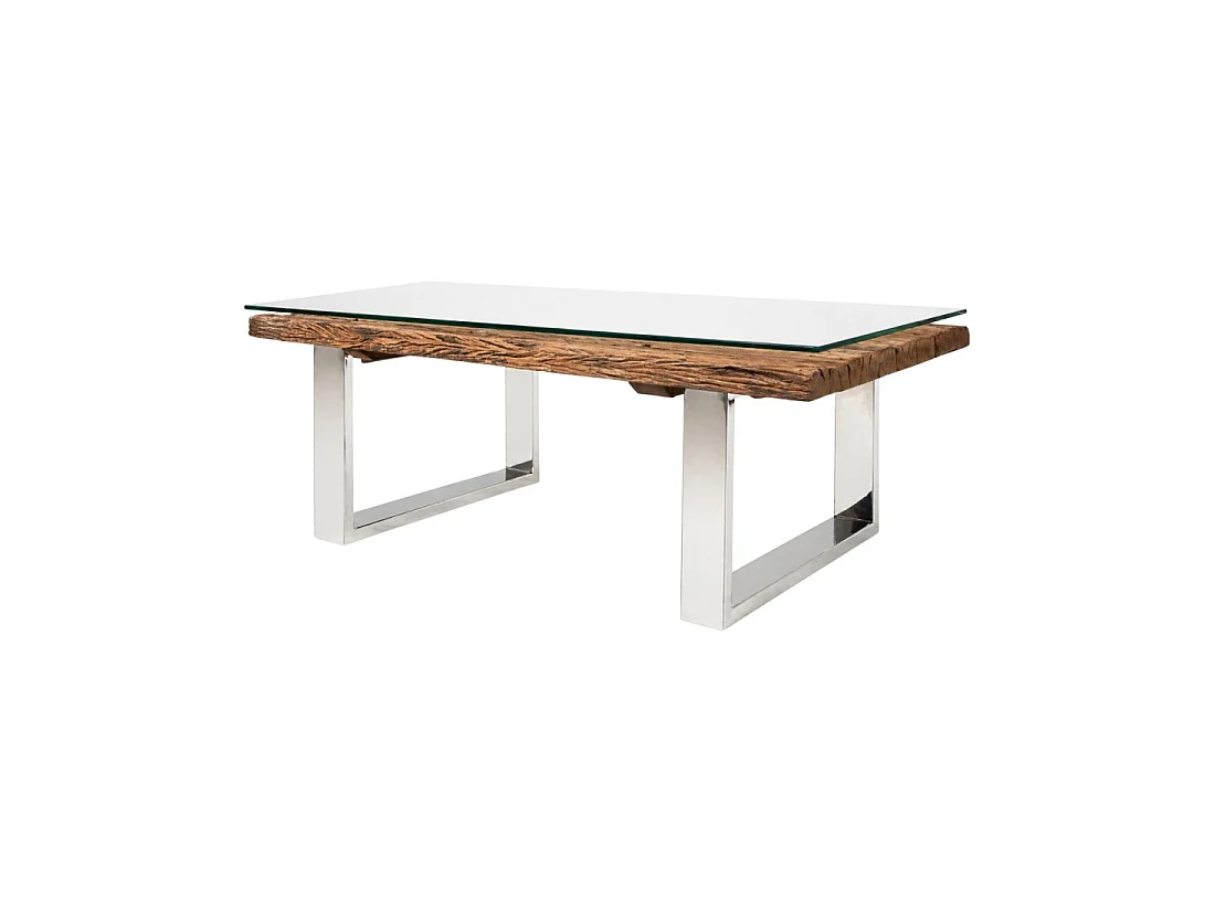 Mesa baja RAFTA 110 cm en teca reciclada y vidrio templado – Diseño industrial con patas en U