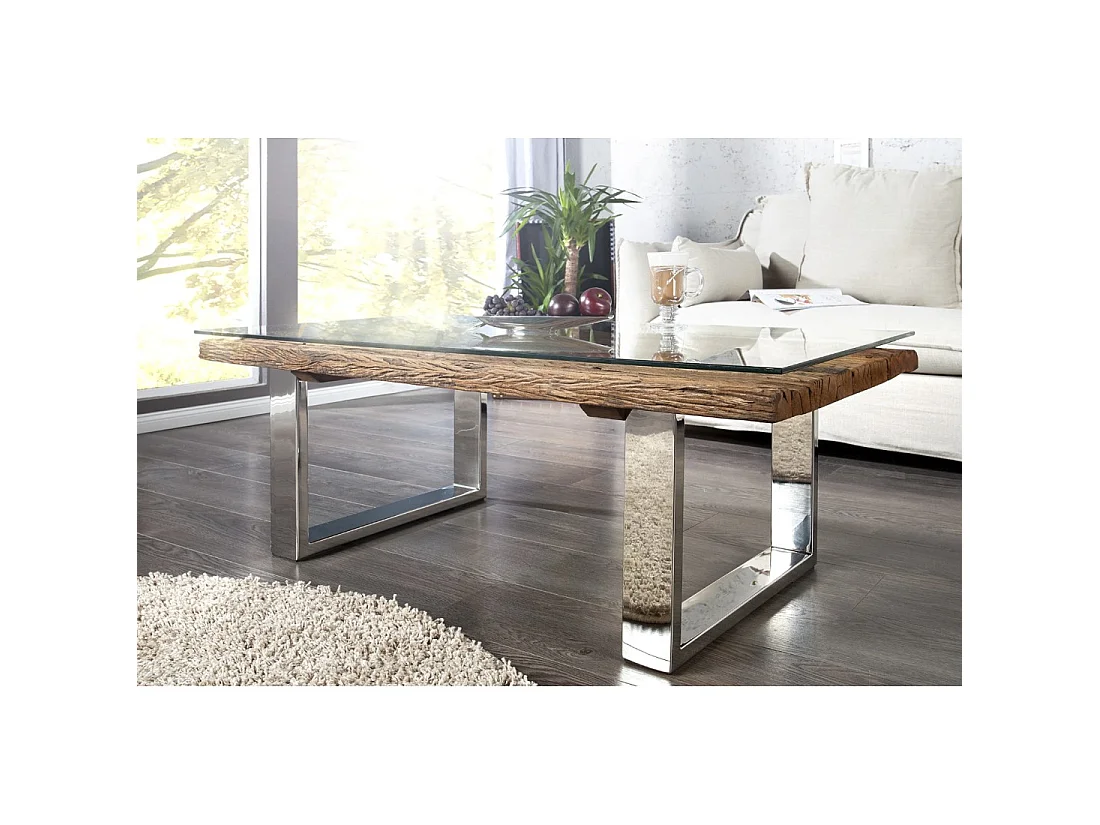 Mesa baja RAFTA 110 cm en teca reciclada y vidrio templado – Diseño industrial con patas en U