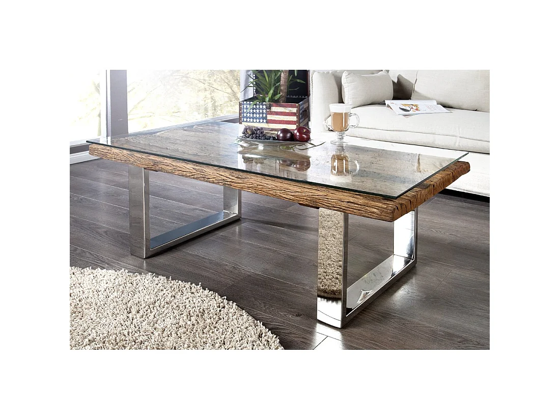 Mesa baja RAFTA 110 cm en teca reciclada y vidrio templado – Diseño industrial con patas en U