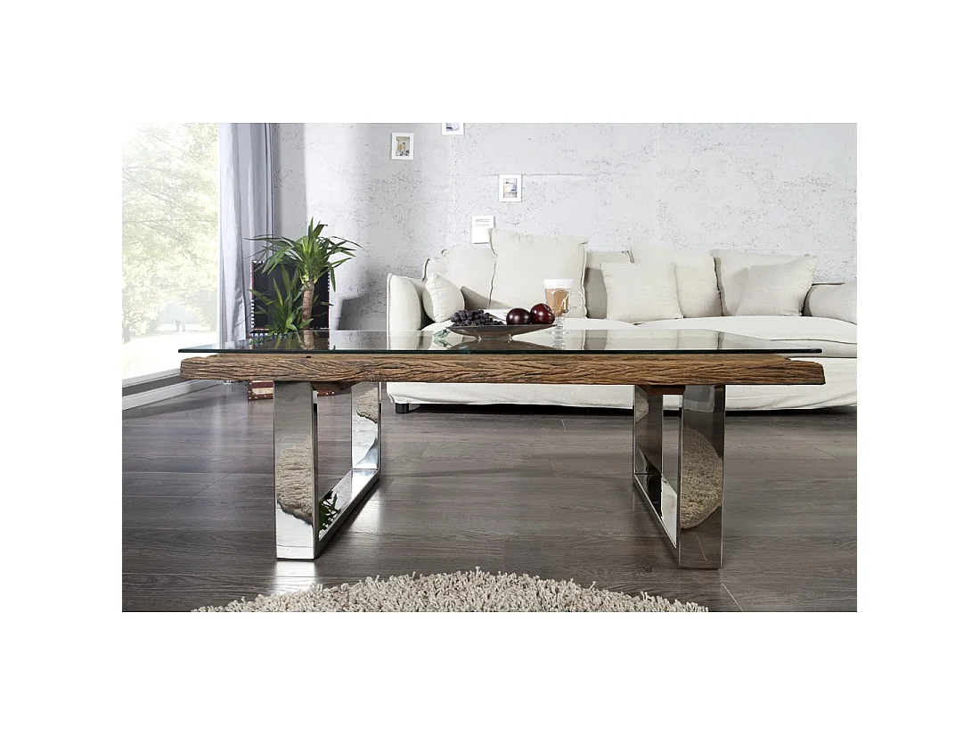 Mesa baja RAFTA 110 cm en teca reciclada y vidrio templado – Diseño industrial con patas en U