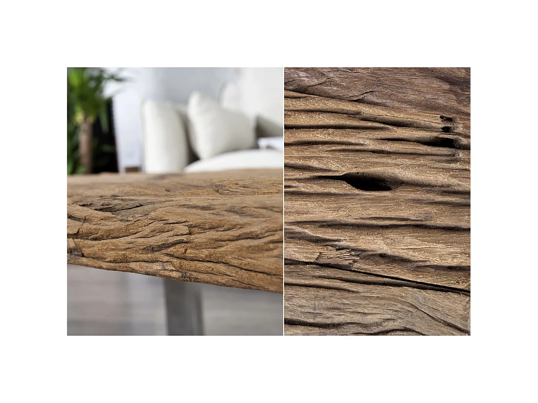 Mesa baja RAFTA 110 cm en teca reciclada y vidrio templado – Diseño industrial con patas en U