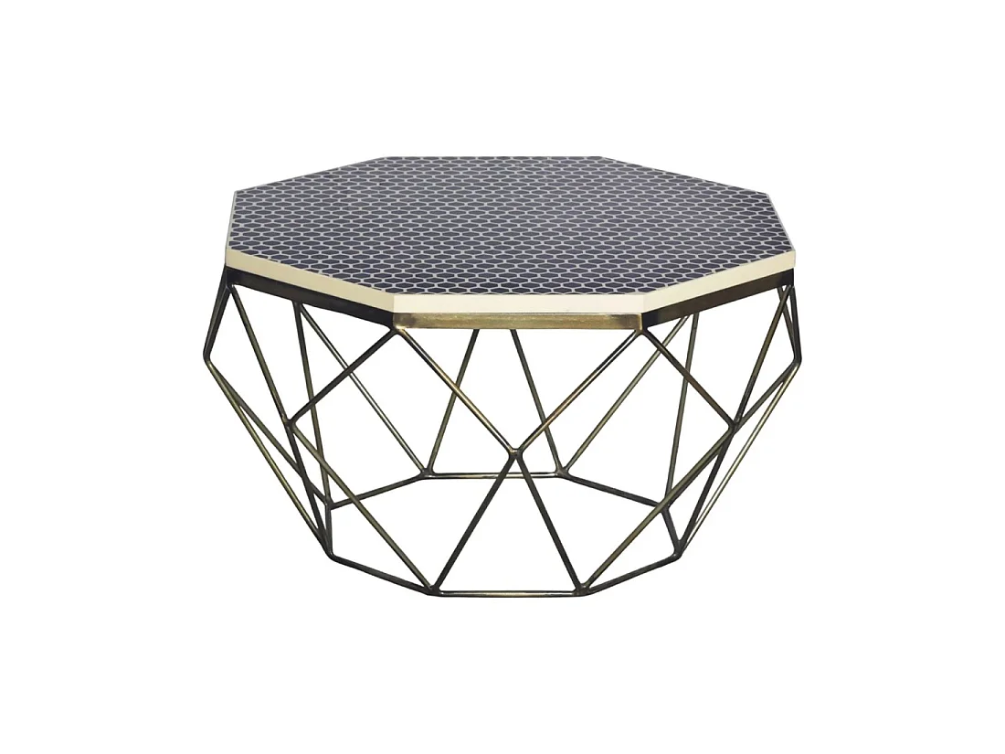 Couchtisch NEXORA 69 cm in schwarzem Polyresin und Eisen mit Messing-Finish im geometrischen Design