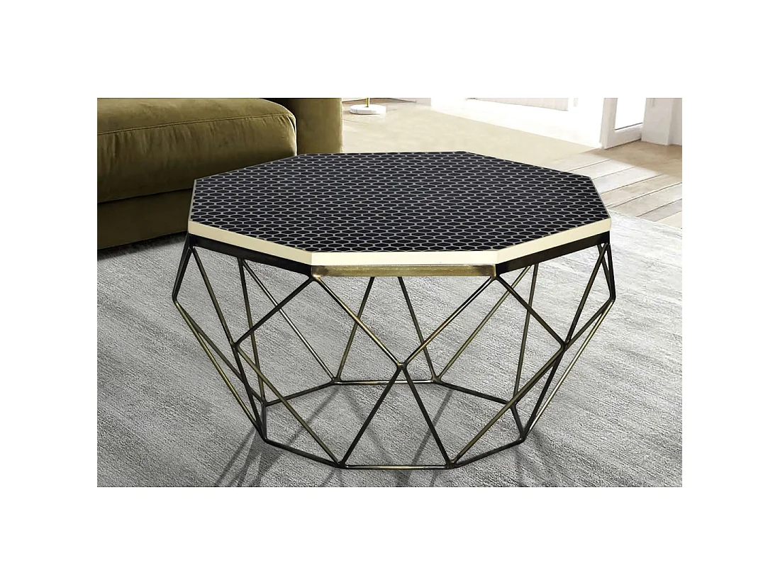 Couchtisch NEXORA 69 cm in schwarzem Polyresin und Eisen mit Messing-Finish im geometrischen Design