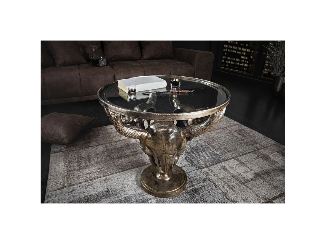 Ronde salontafel TAURVIK 56 cm in brons aluminium en glas in barokstijl