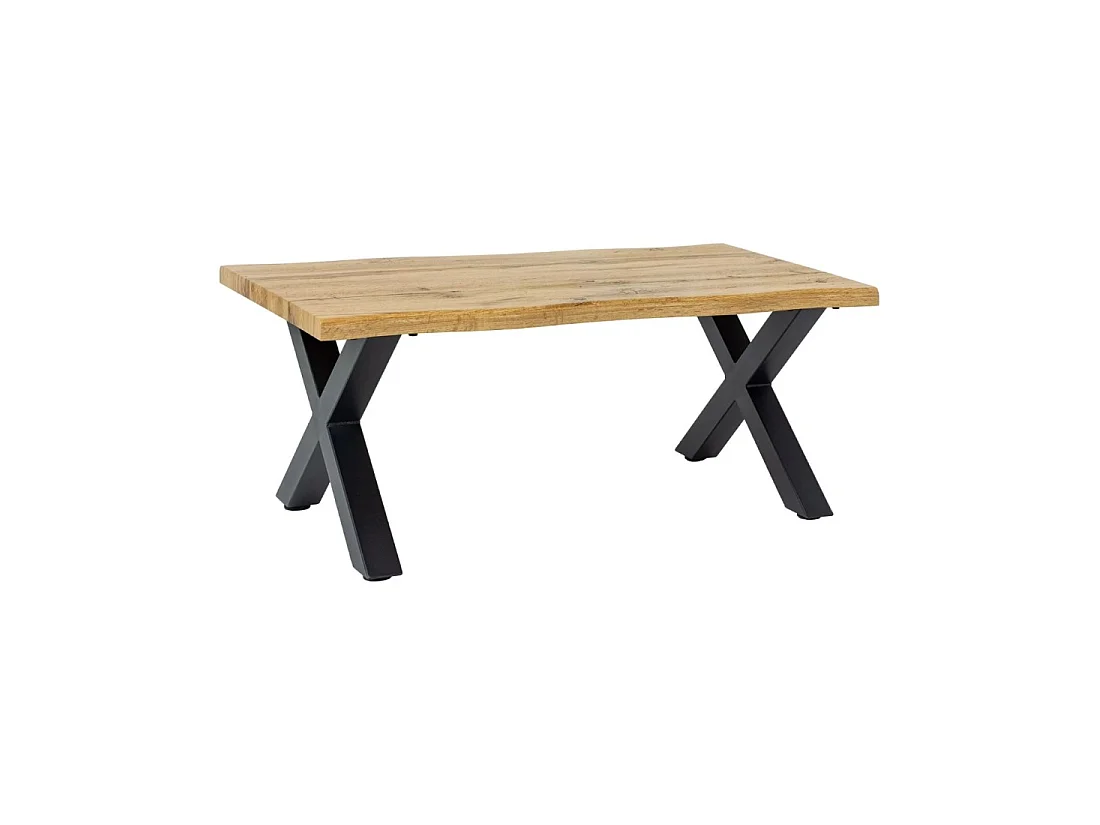 Table basse RIVET en bois naturel et pieds en métal noir en X – robuste Tisch im Industriedesign