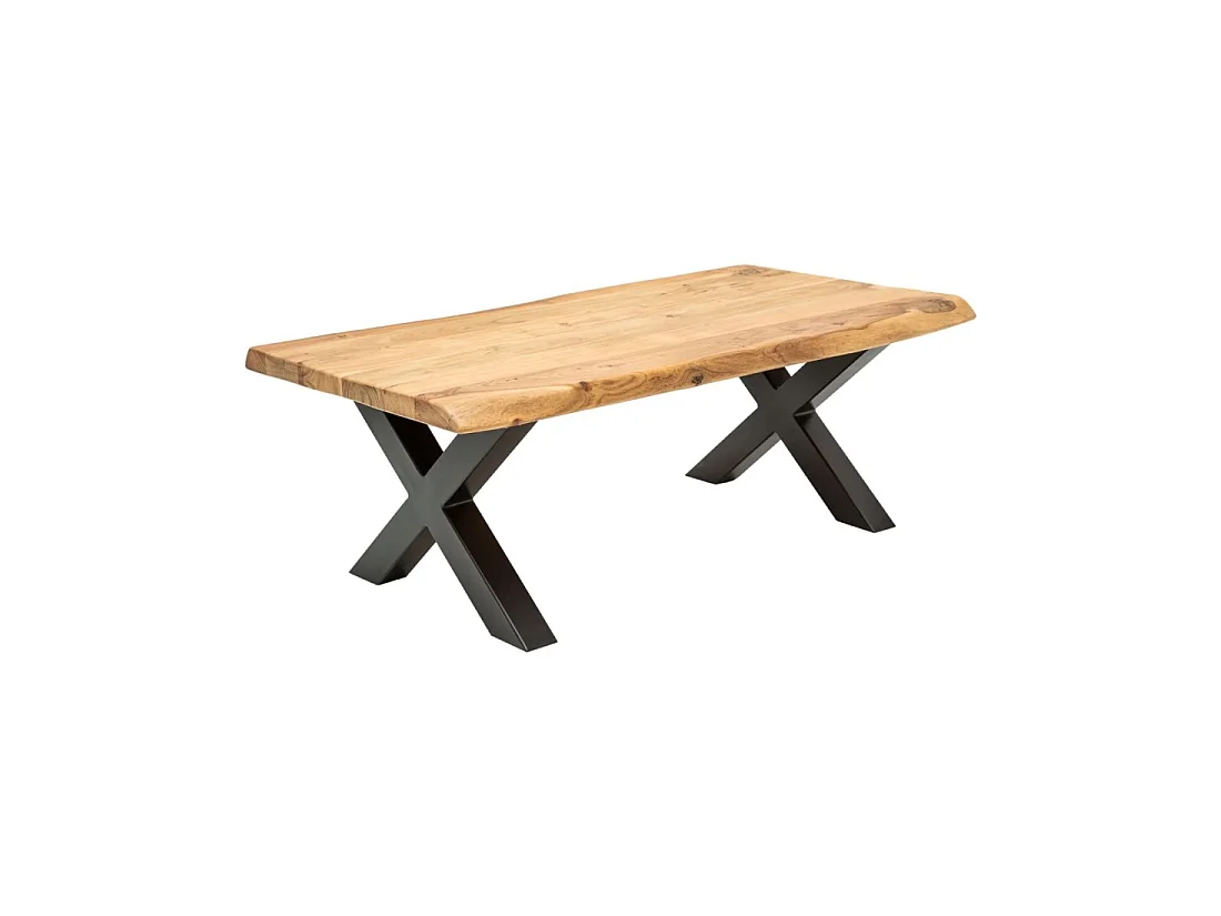 Couchtisch ARKAYA 110 cm aus massivem Akazienholz mit schwarzen Metallbeinen in X-Form