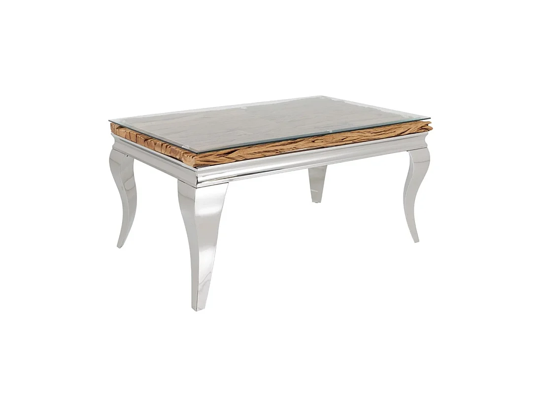 Mesa baja VELENA 100 cm en teca con vidrio templado – Patas cromadas diseño barroco