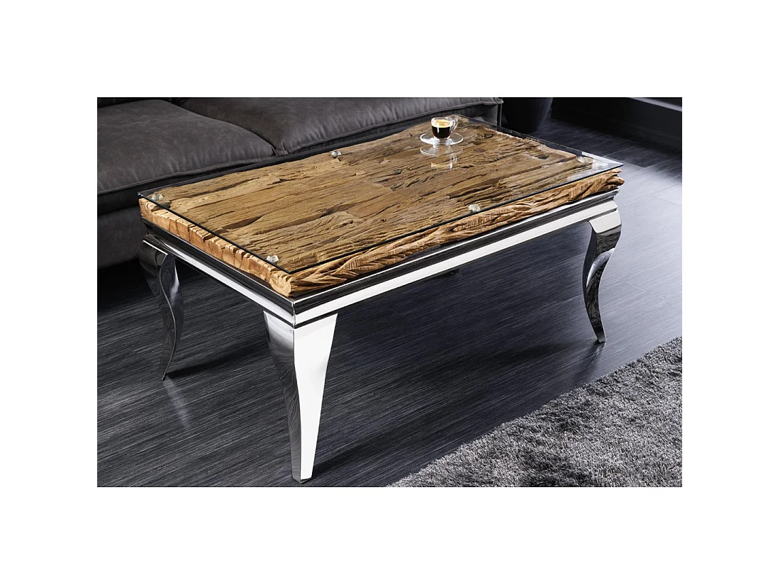 Mesa baja VELENA 100 cm en teca con vidrio templado – Patas cromadas diseño barroco