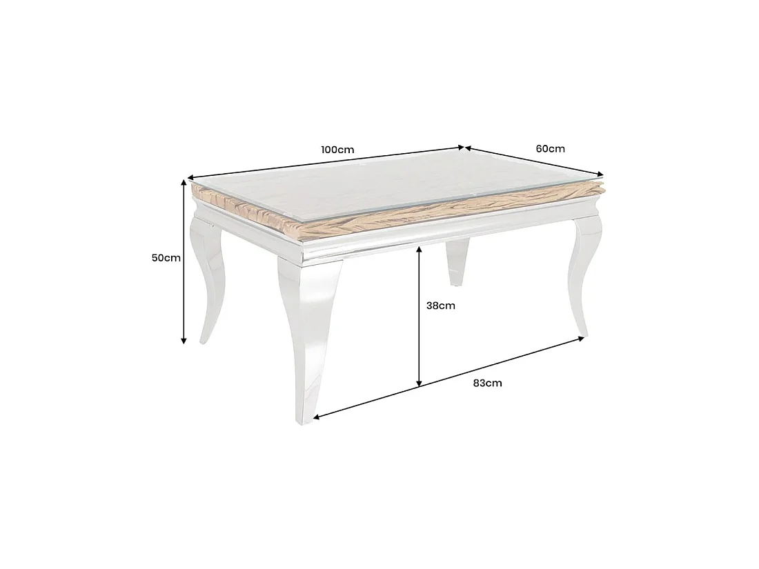 Mesa baja VELENA 100 cm en teca con vidrio templado – Patas cromadas diseño barroco