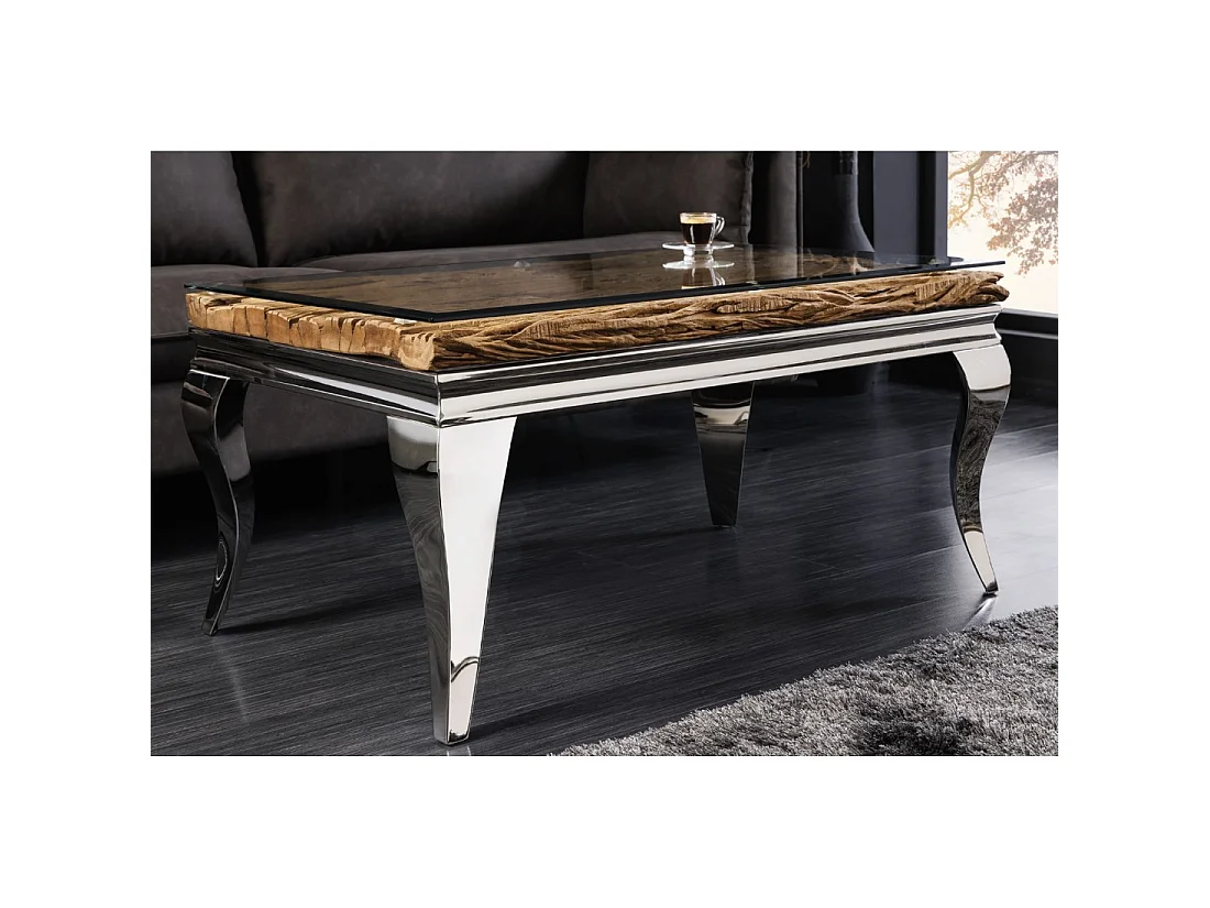 Mesa baja VELENA 100 cm en teca con vidrio templado – Patas cromadas diseño barroco