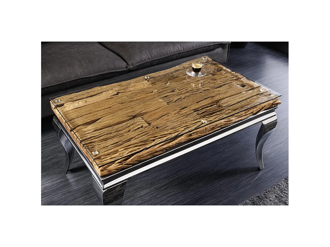 Mesa baja VELENA 100 cm en teca con vidrio templado – Patas cromadas diseño barroco