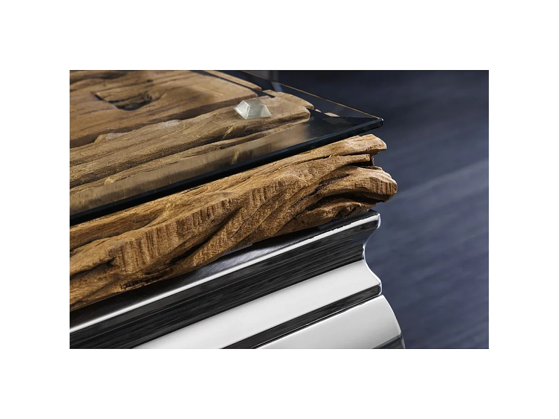 Mesa baja VELENA 100 cm en teca con vidrio templado – Patas cromadas diseño barroco