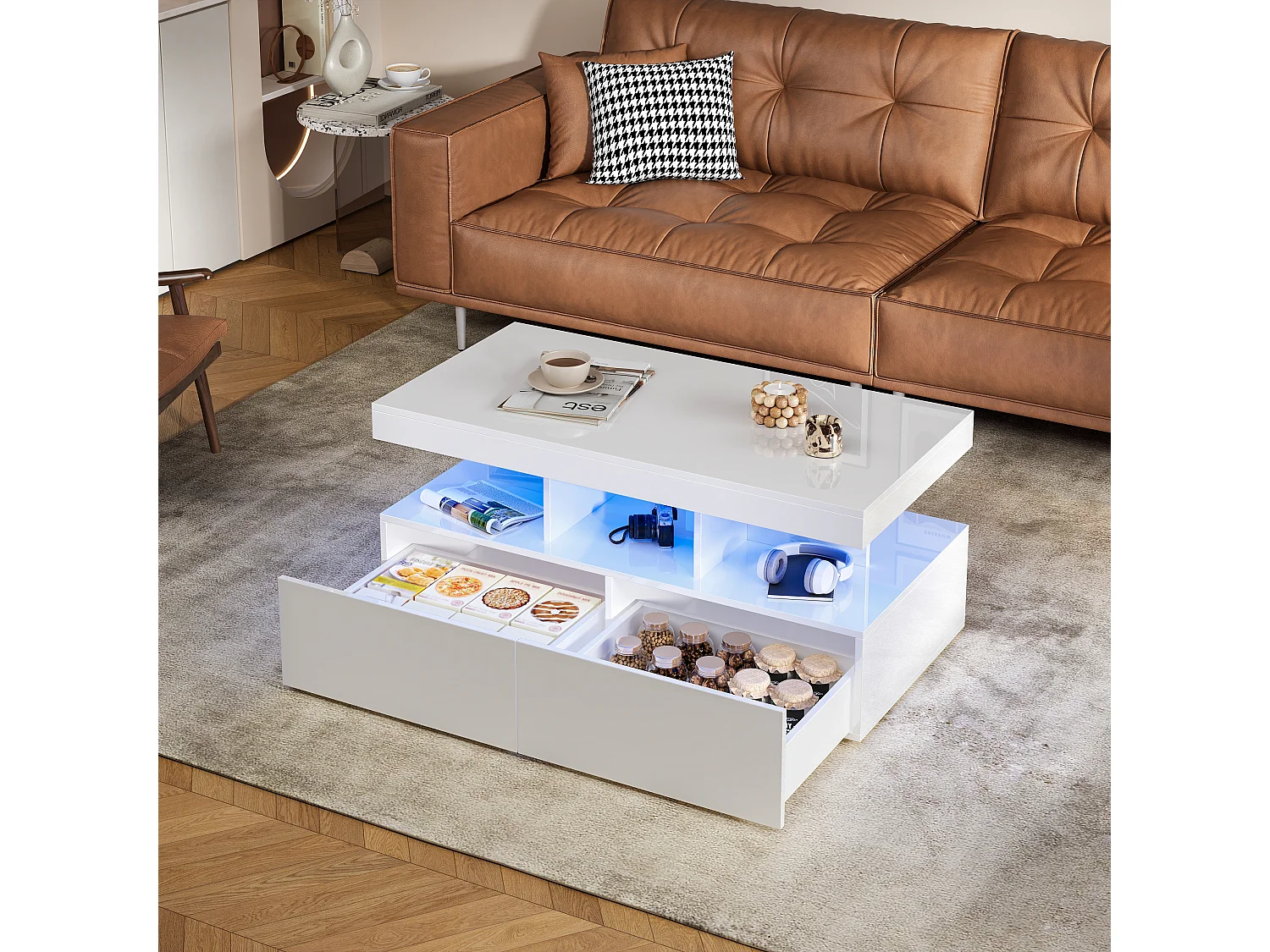 Table Basse Blanche Brillant, avec LED RGB et 2 Tiroirs, Grand Rangement, pour Salon Moderne, 104x53x46cm