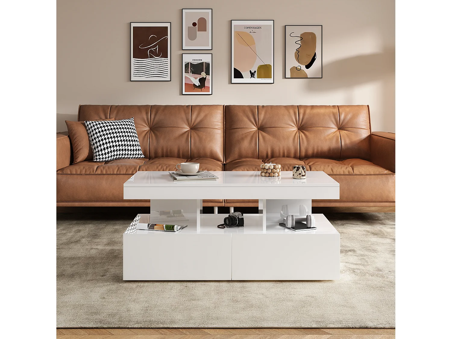 Table Basse Blanche Brillant, avec LED RGB et 2 Tiroirs, Grand Rangement, pour Salon Moderne, 104x53x46cm