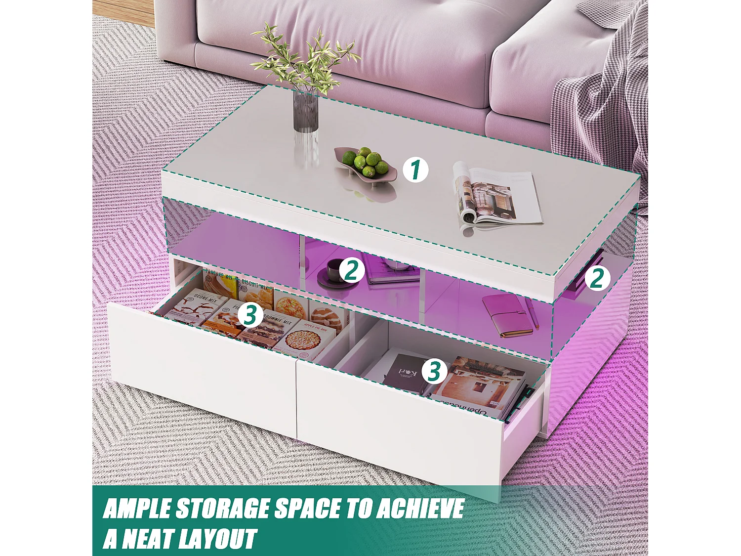 Table Basse Blanche Brillant, avec LED RGB et 2 Tiroirs, Grand Rangement, pour Salon Moderne, 104x53x46cm