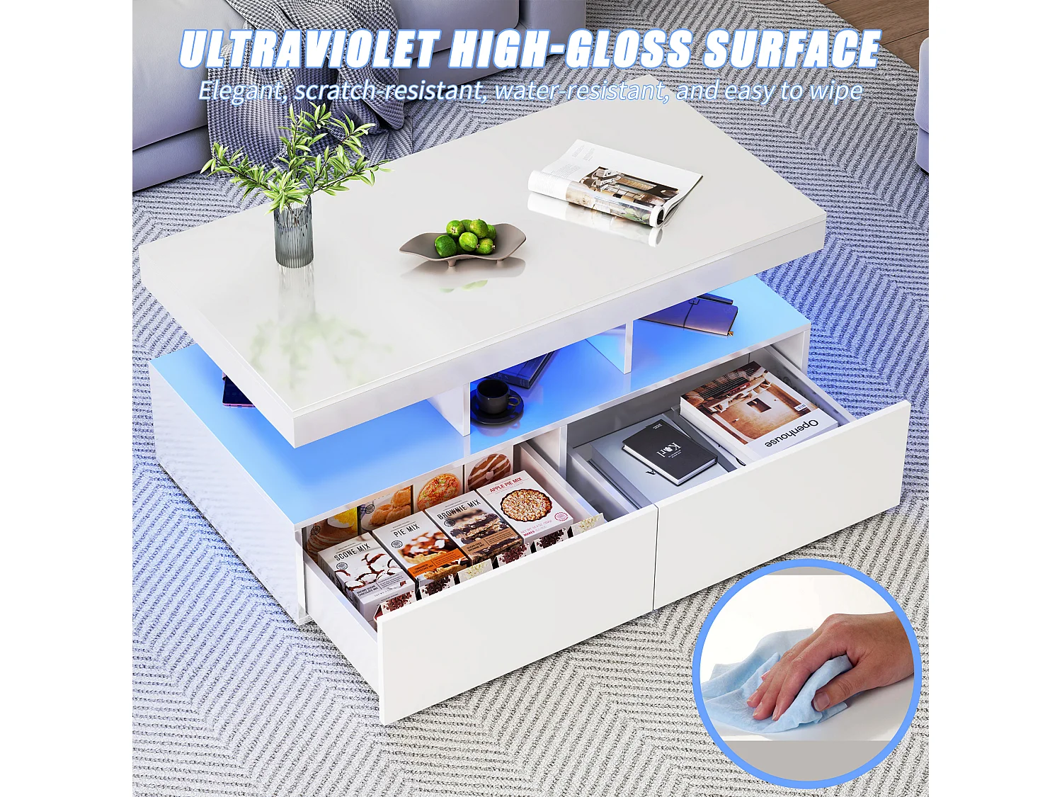 Table Basse Blanche Brillant, avec LED RGB et 2 Tiroirs, Grand Rangement, pour Salon Moderne, 104x53x46cm