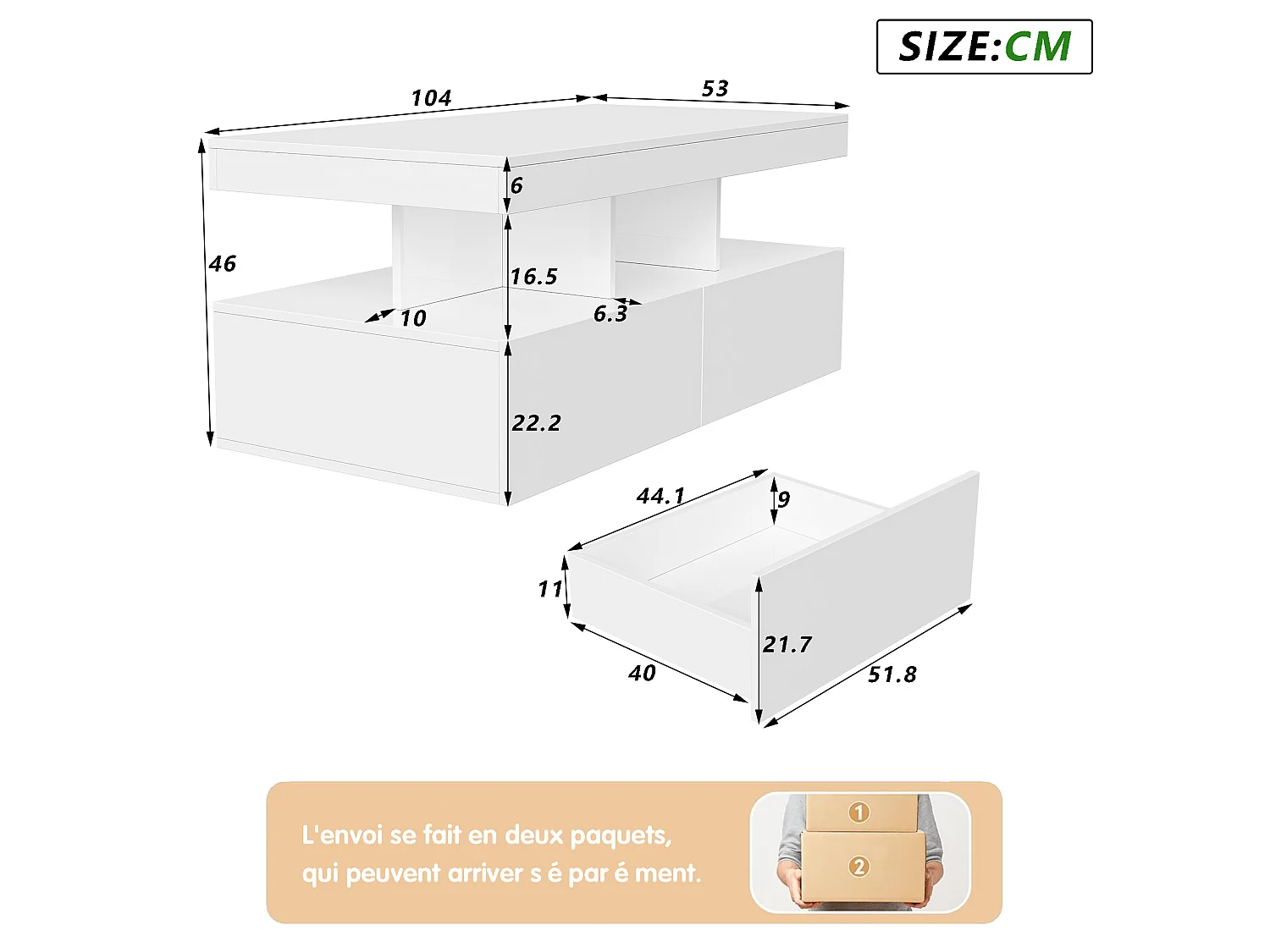 Table Basse Blanche Brillant, avec LED RGB et 2 Tiroirs, Grand Rangement, pour Salon Moderne, 104x53x46cm