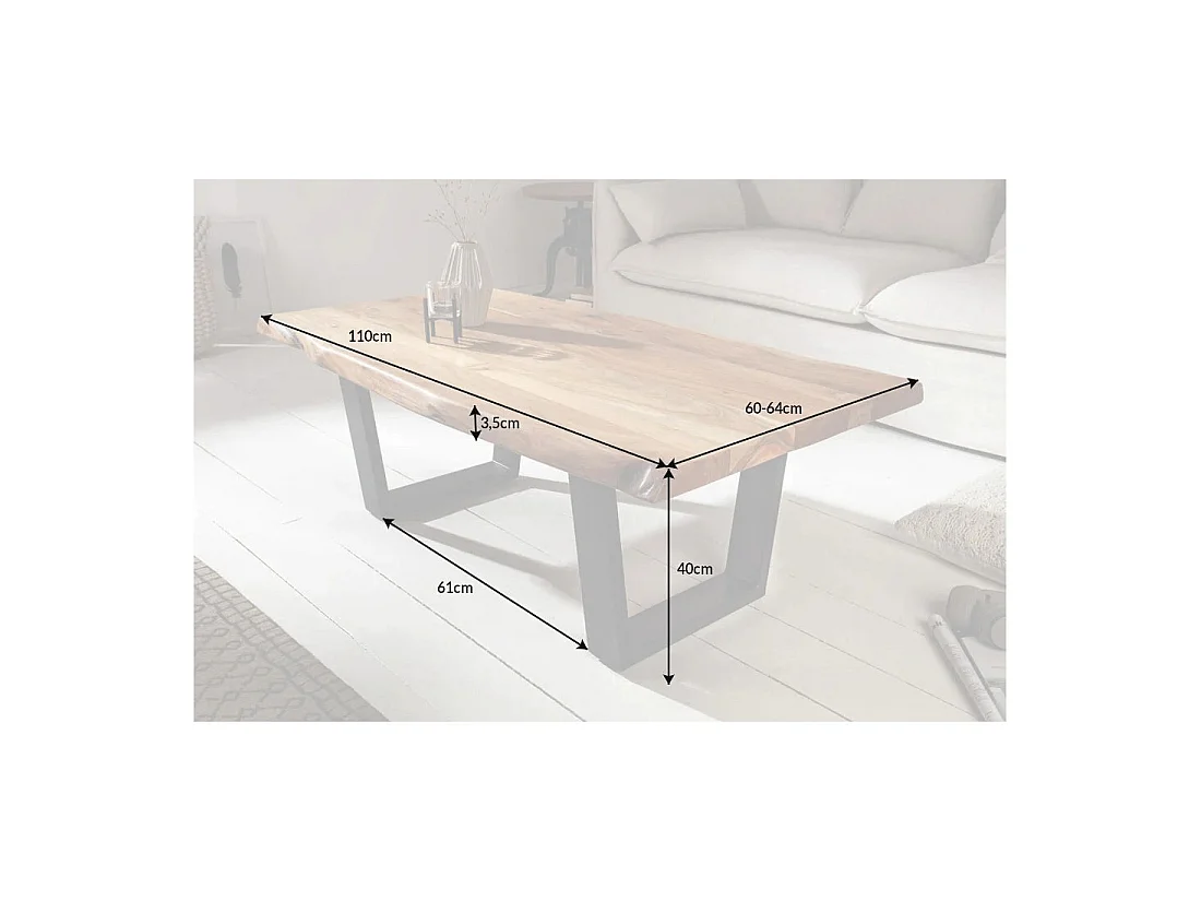 Couchtisch ARKAYA 110 cm aus massivem Akazienholz mit schwarzen Metallbeinen in U-Form