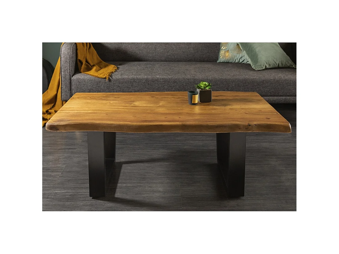 Couchtisch ARKAYA 110 cm aus massivem Akazienholz mit schwarzen Metallbeinen in U-Form