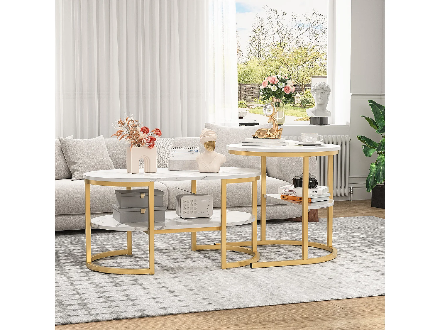 Tables Basses Gigognes, Lot de 2, Plateau Effet Marbre Blanc, Structure Dorée, avec Étagère, pour Salon Moderne, 80/52cm