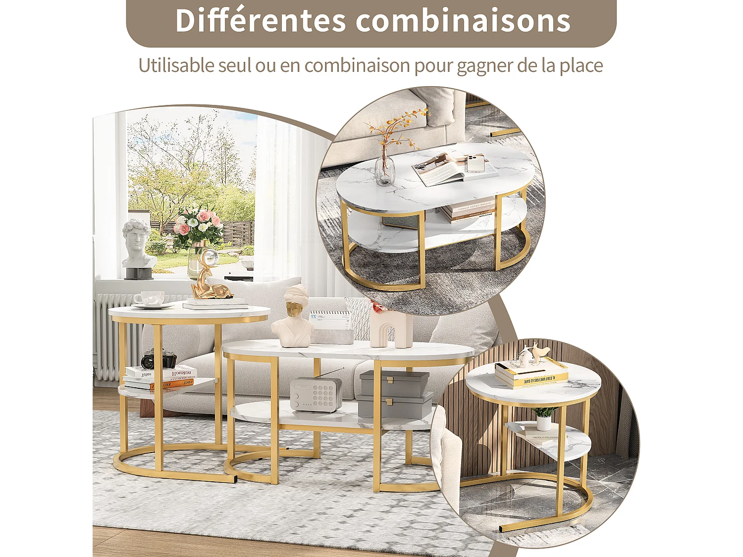 Tables Basses Gigognes, Lot de 2, Plateau Effet Marbre Blanc, Structure Dorée, avec Étagère, pour Salon Moderne, 80/52cm
