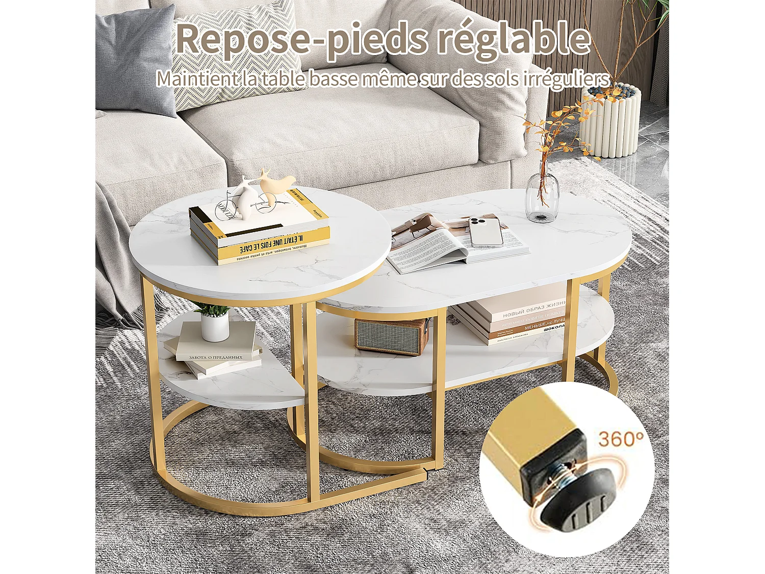 Tables Basses Gigognes, Lot de 2, Plateau Effet Marbre Blanc, Structure Dorée, avec Étagère, pour Salon Moderne, 80/52cm