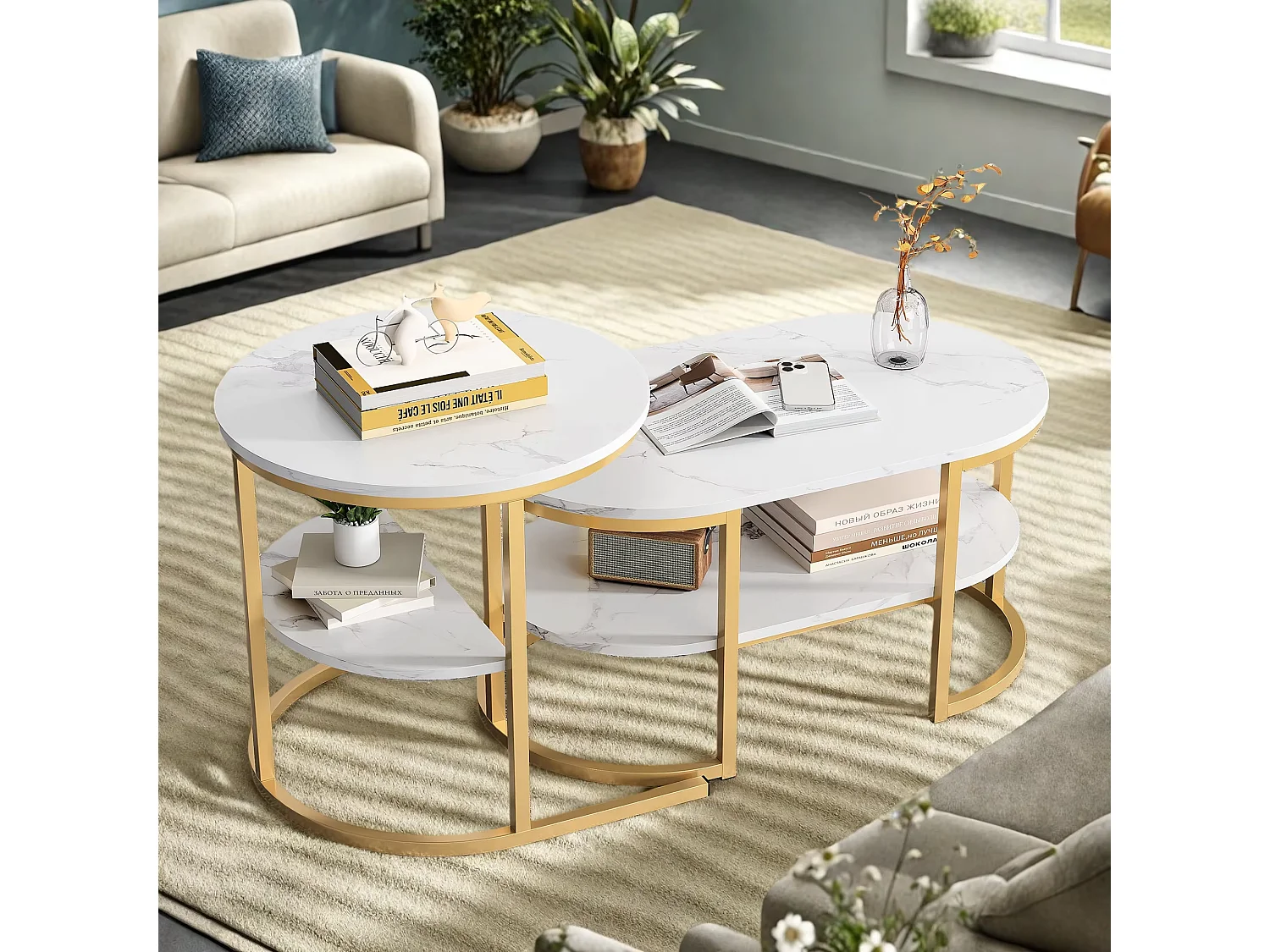 Tables Basses Gigognes, Lot de 2, Plateau Effet Marbre Blanc, Structure Dorée, avec Étagère, pour Salon Moderne, 80/52cm