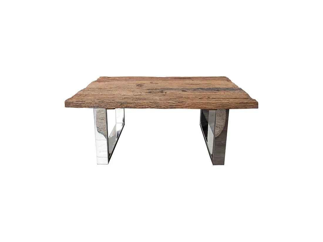 Mesa de centro RAFTA 110 cm en teca reciclada – Diseño industrial con patas metálicas en forma de U
