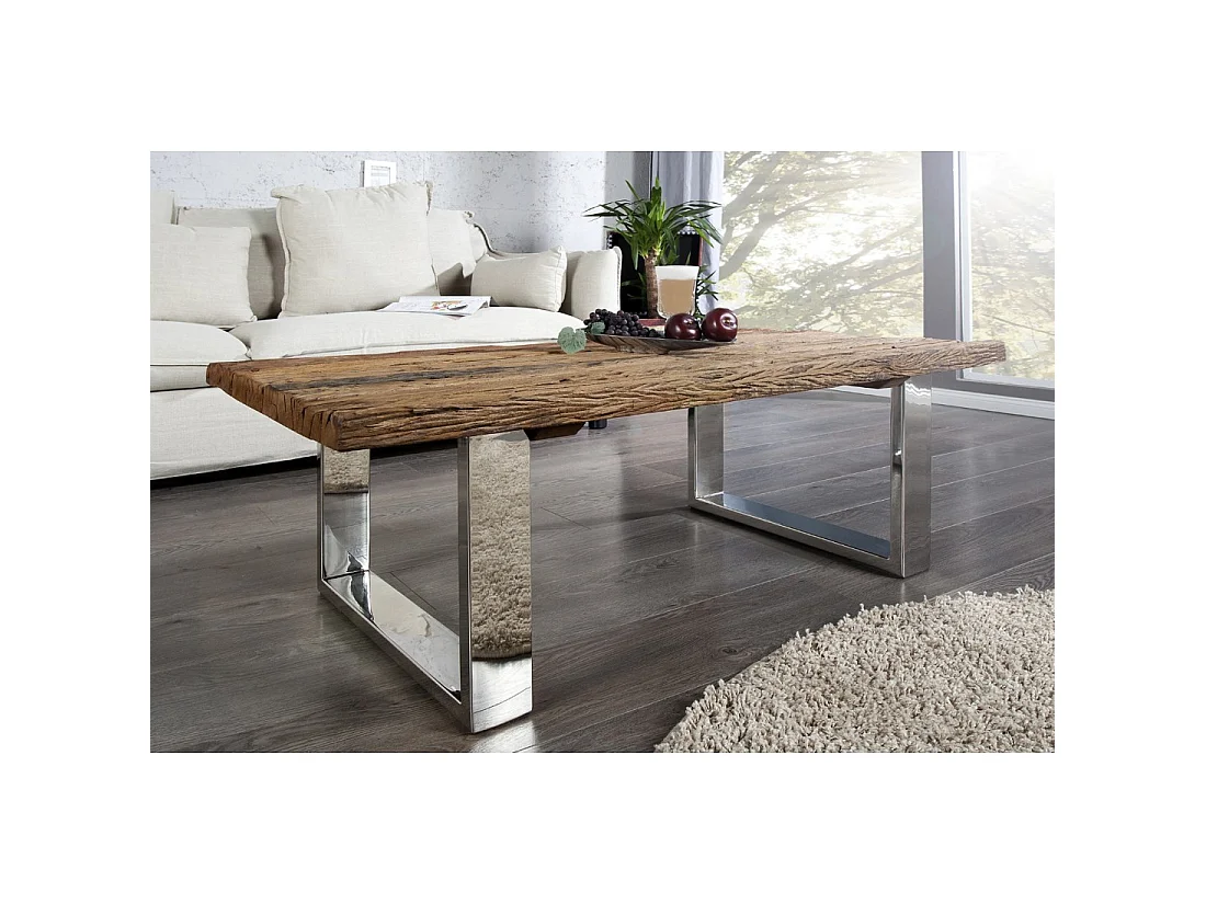 Mesa de centro RAFTA 110 cm en teca reciclada – Diseño industrial con patas metálicas en forma de U