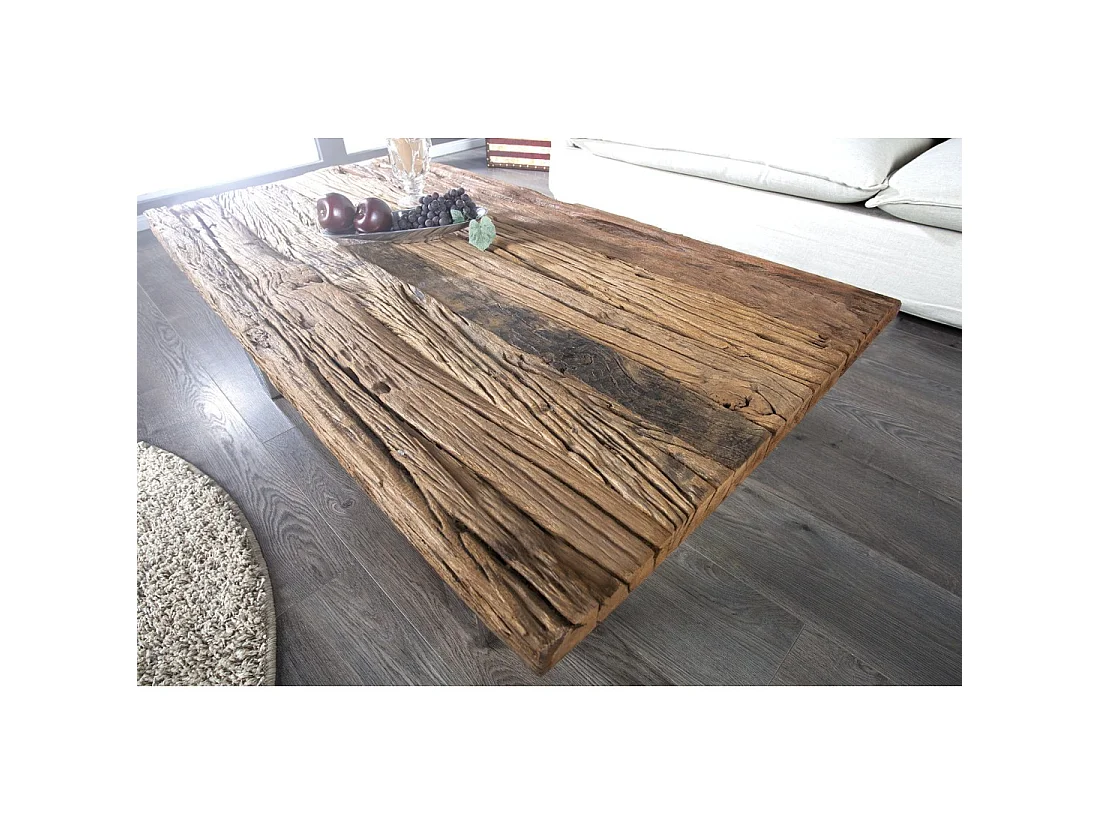 Mesa de centro RAFTA 110 cm en teca reciclada – Diseño industrial con patas metálicas en forma de U
