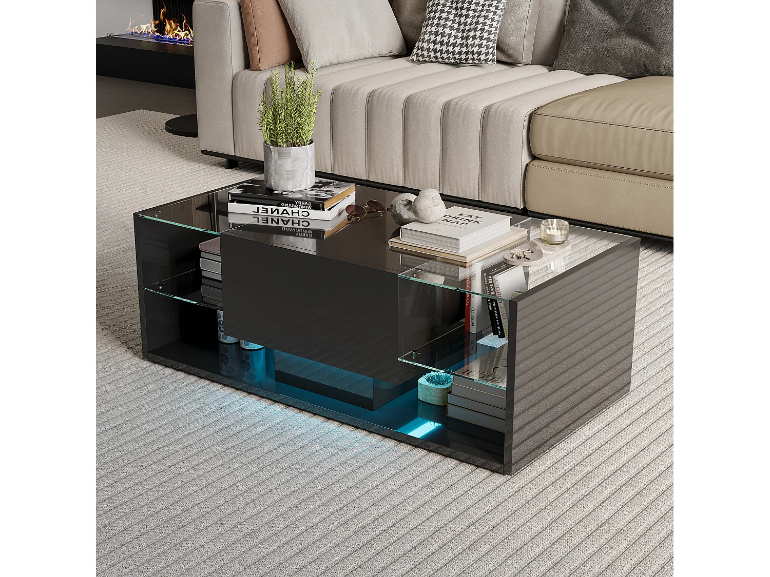 Table Basse Salon LED RGB Télécommande Noir Brillant Style Nordique, 150x50x35cm, avec Tiroir et 4 Verres Trempés, Lumière Ambiance